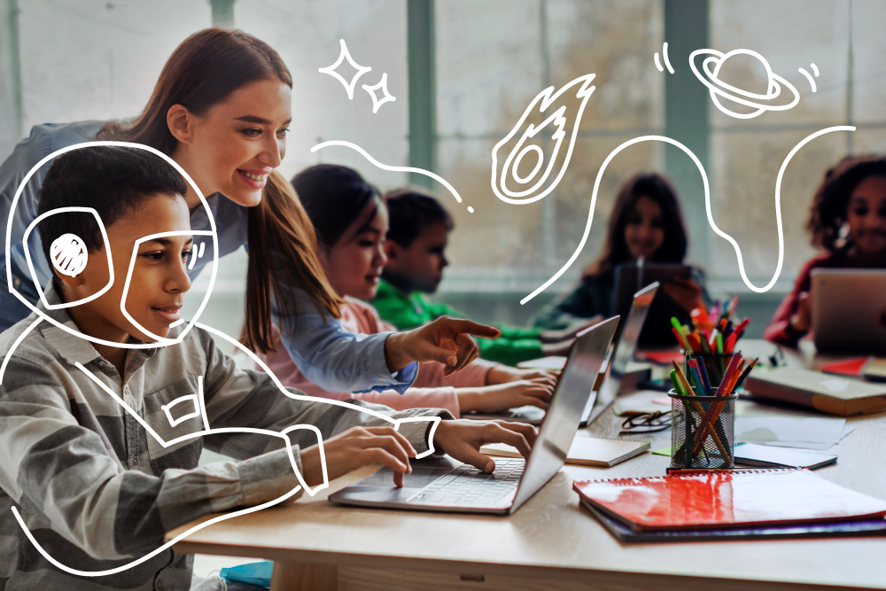 Students in a classroom with a teacher, illustrated drawings of objects in space