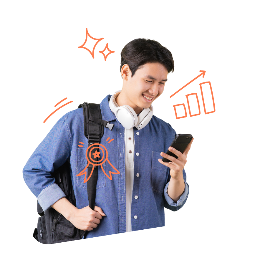 High school student looking at his phone and smiling